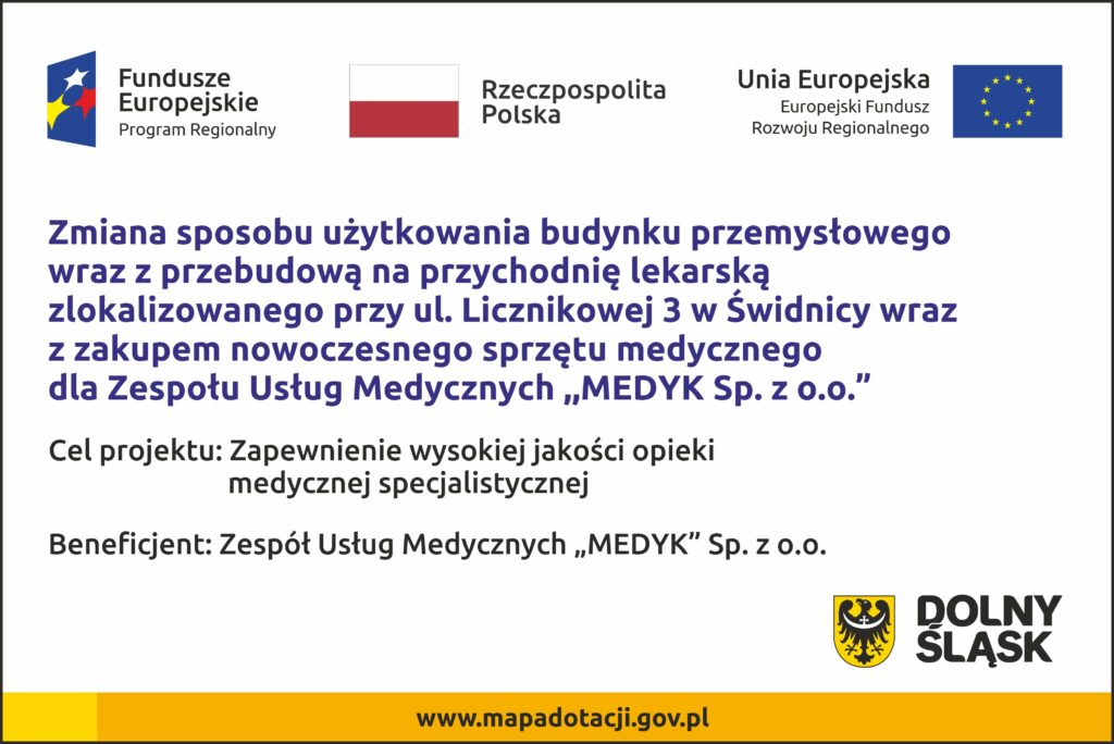 Tablica informacyjna o projekcie, zawiera jego nazwę, logotypy UE, Funduszy Europejskich, RP i Dolnego Śląska
